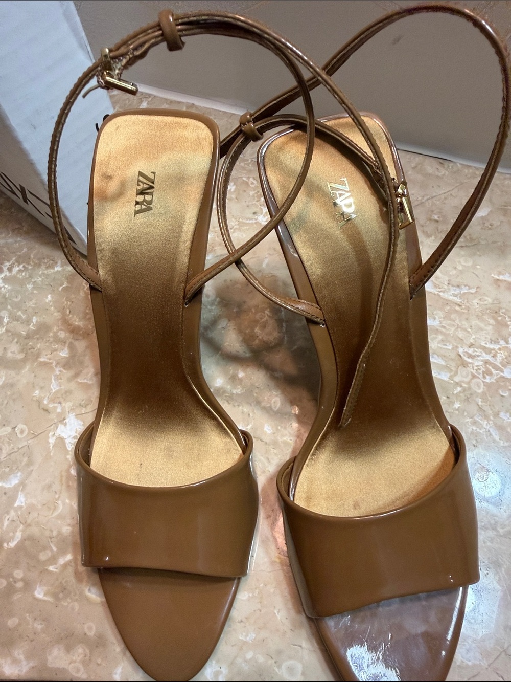 Zara Tan Patent Strappy Block Heel Sandals